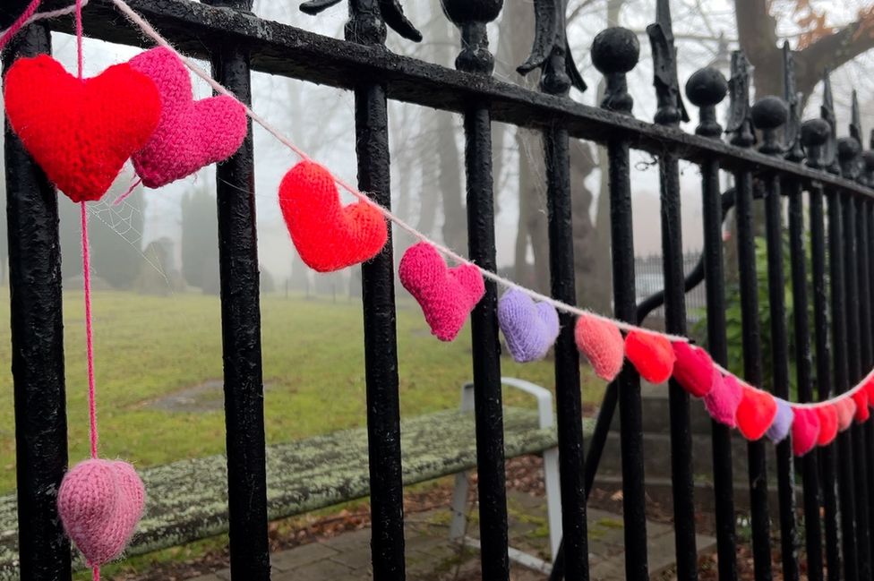 Valentine's Day knitting outside St Peter's Church in Ruddington
