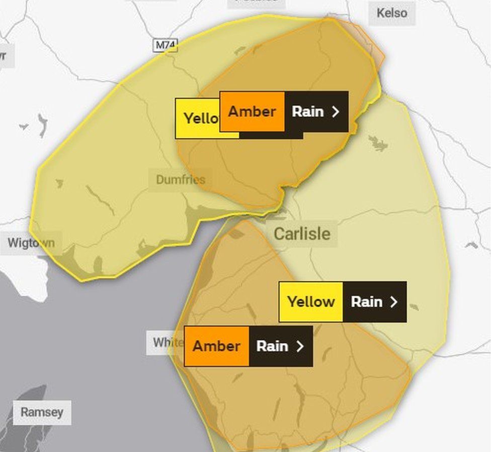 Met Office graphic showing amber warnings over Cumbria