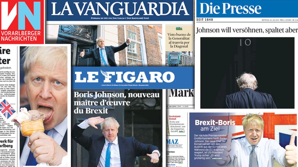 Front pages of European newspaper on Boris Johnson taking power, 24 July 2019