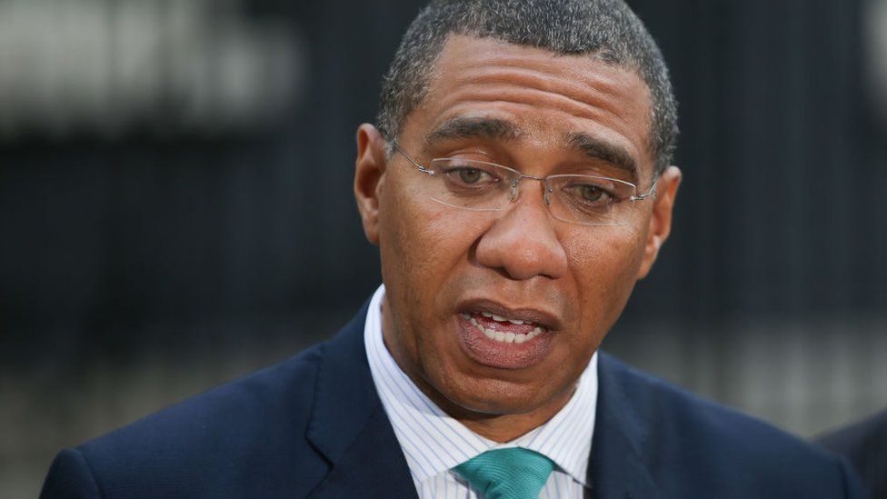 Jamaica's Prime Minister Andrew Holness speaks to the media outside 10 Downing Street in central London, on 17 April 2018