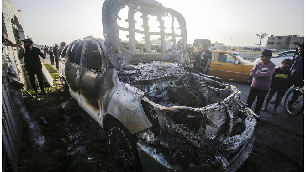 A destroyed car of the NGO World Central Kitchen (WCK)