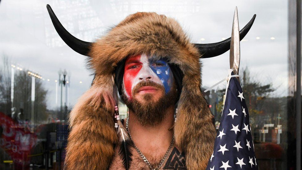 "Q Shaman" Jacob Chansley in Washington, DC, January 6th 2021, ahead of protest demonstration at the US Capitol Building