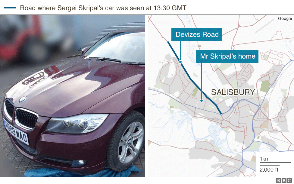 Map showing sightings of Sergei Skripal's car