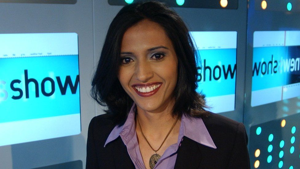 Tazeen Ahmad on the set of BBC Three's The News Show in 2003