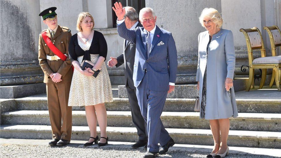 Prince of Wales and Duchess of Cornwall attend a garden party in County Fermanagh, hosted by NI Secretary Karen Bradley, also pictured