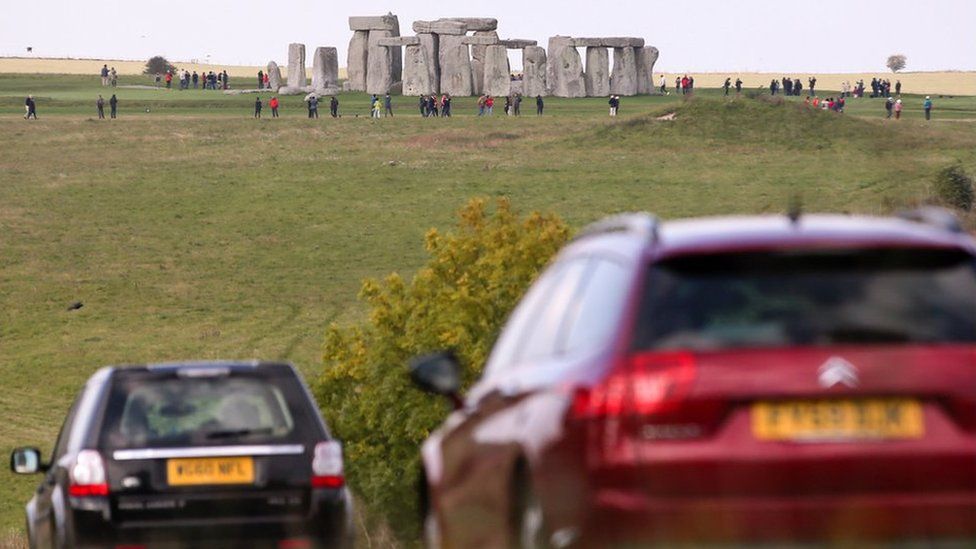 Traffic on the A303 passing Stonehenge in Wiltshire