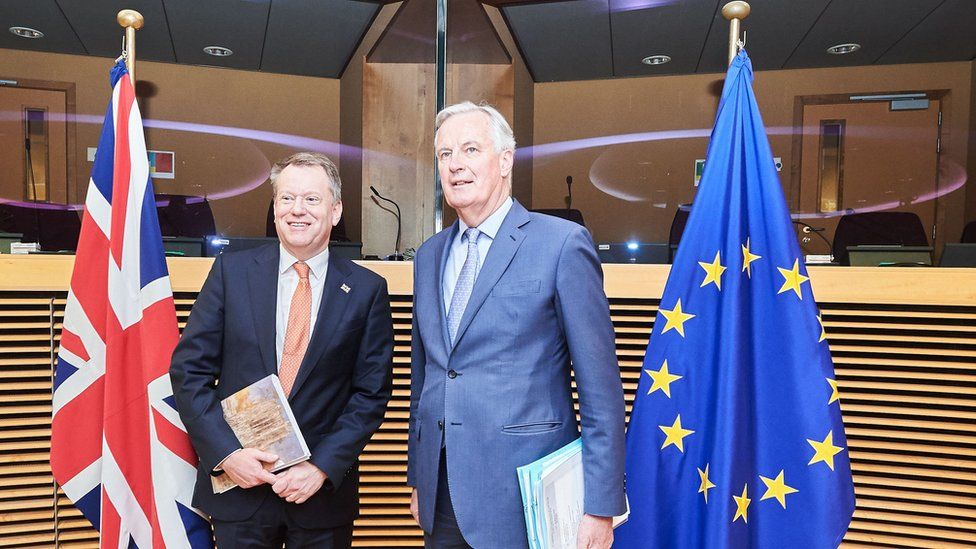 European Commission handout of Boris Johnson's chief Europe negotiator David Frost (left) with his counterpart from the European Union Michel Barnier on 2 March