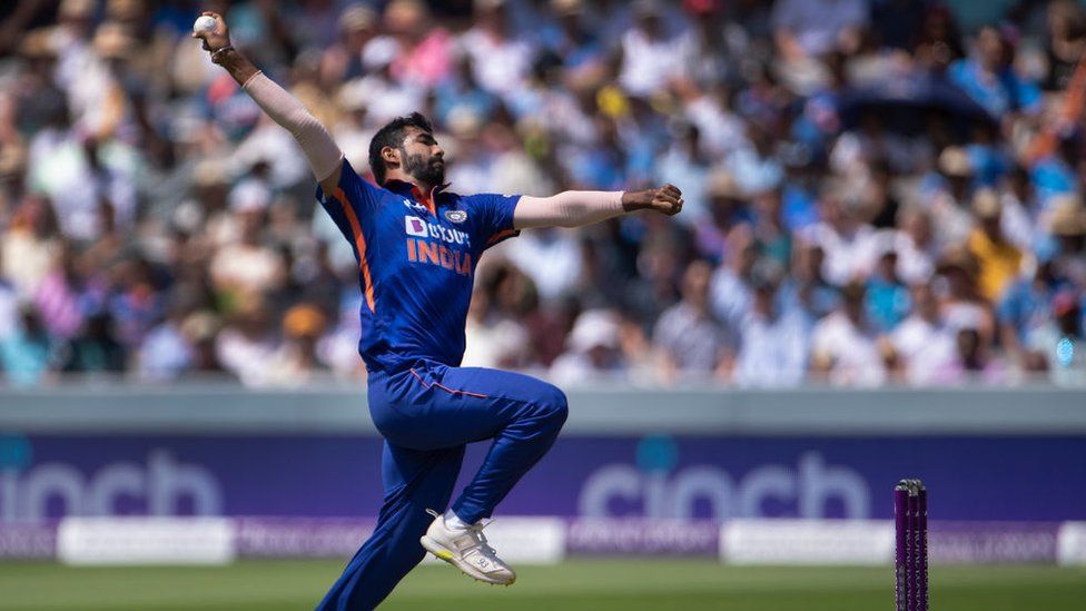 Jasprit Bumrah of India bowling during the 2nd Royal London Series One Day International between England and India at Lord's Cricket Ground on July 14, 2022 in London, England.