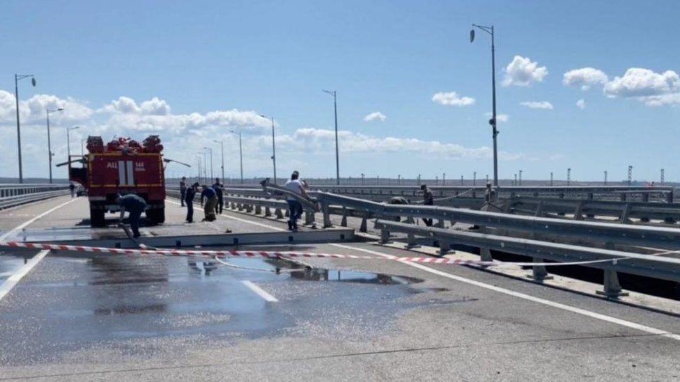 Repair works on the Kerch Bridge connecting Crimea to mainland Russia, 17 July 2023