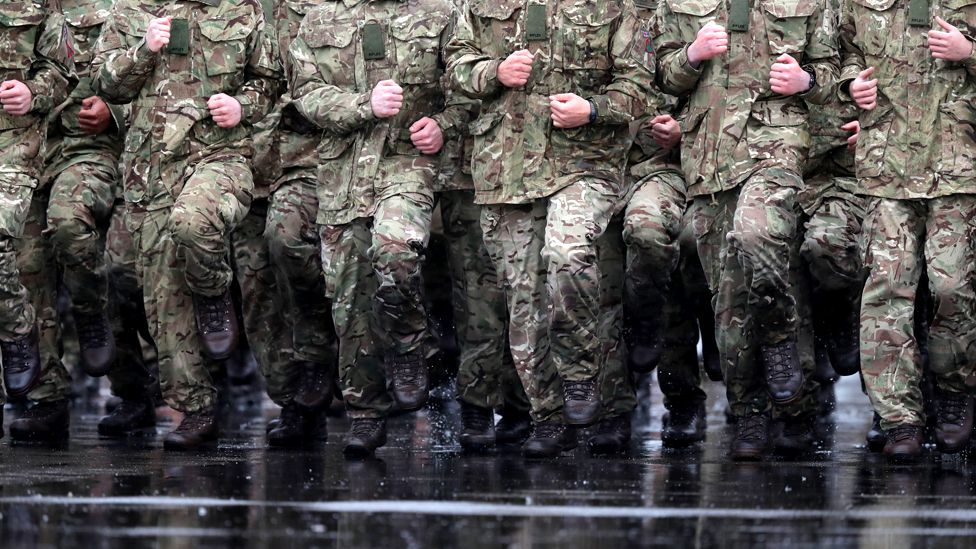 British soldiers marching in the rain