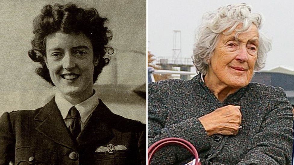 Two photos of Freydis Sharland, nee Leaf, in her RAF uniform and in 2007