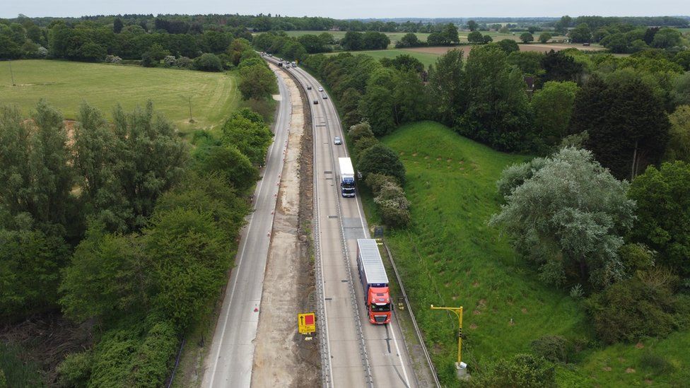 Birds-eye view of the A14 between junctions 47A and 49