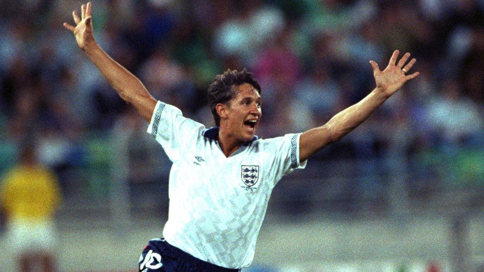 Gary Lineker celebrating after scoring a penalty against Germany in Italia 90