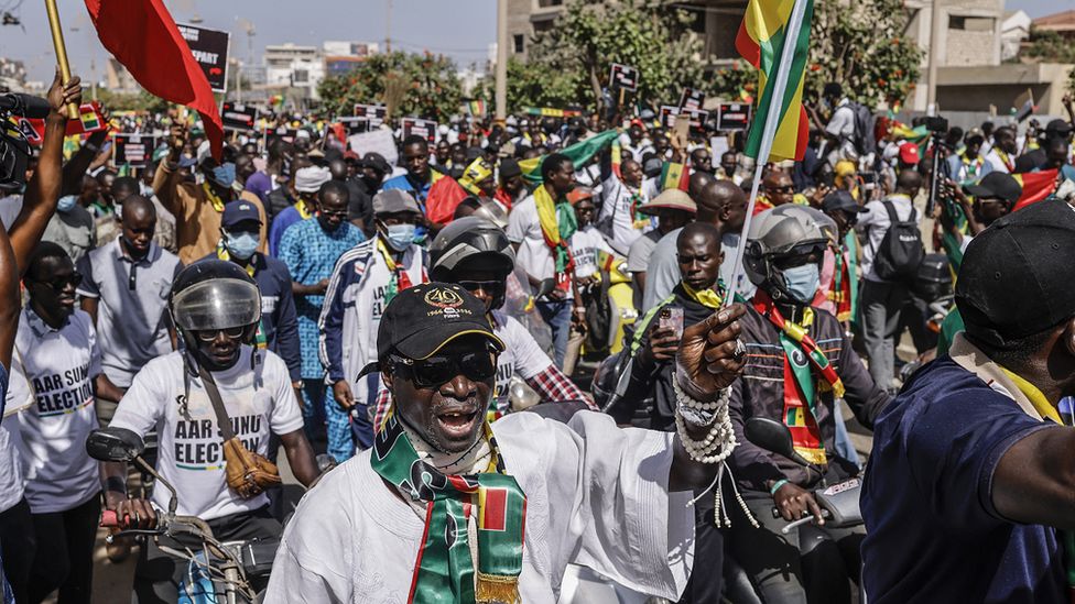 Protesters marching in Dakar calling for swift presidential elections in Senegal on Saturday