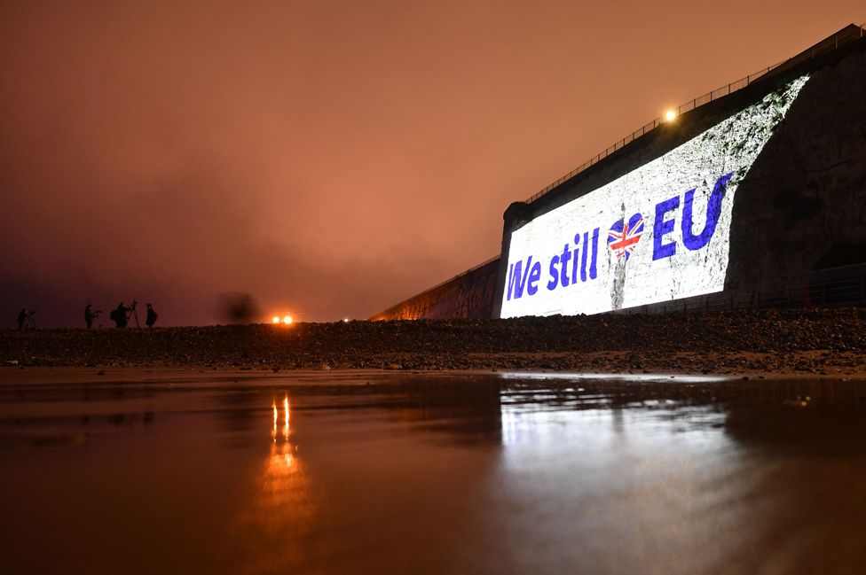 A pro-EU message is projected onto the cliffs in Ramsgate, southern England