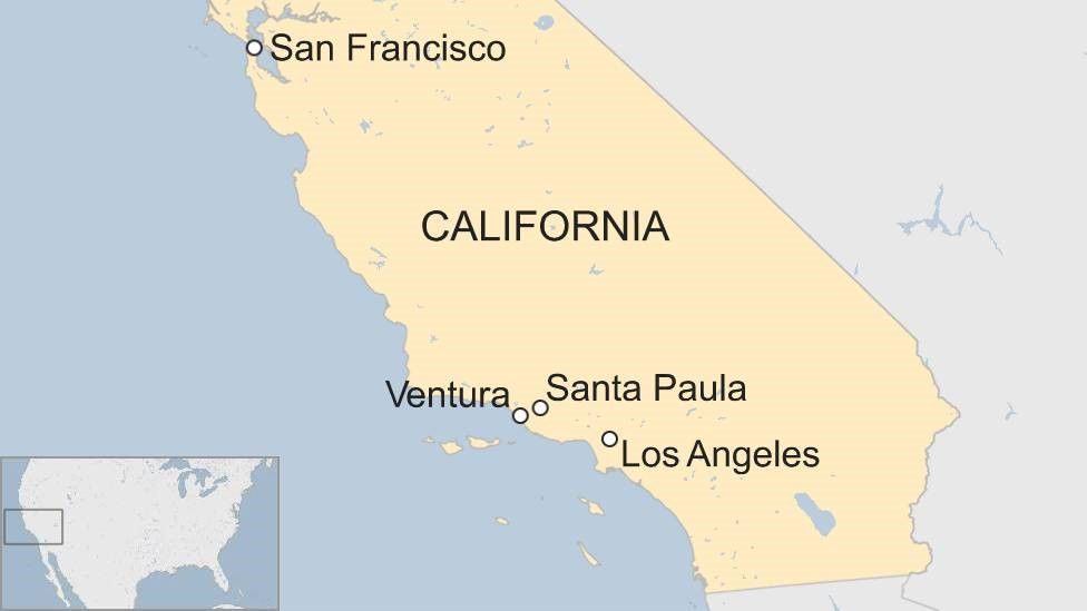 Map showing California with Ventura and Santa Paula designated north of Los Angeles