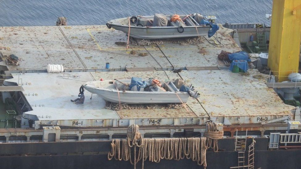Photograph released by the Saudi-led coalition in Yemen in 2018 purportedly showing speedboats on the deck of the Saviz