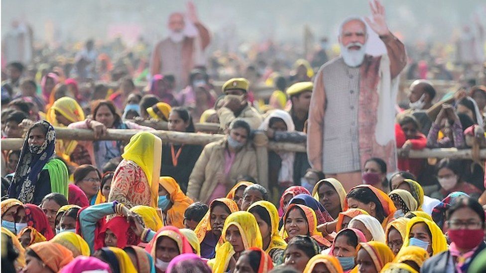 Women at a rally by PM Modi in Allahabad in December 2021