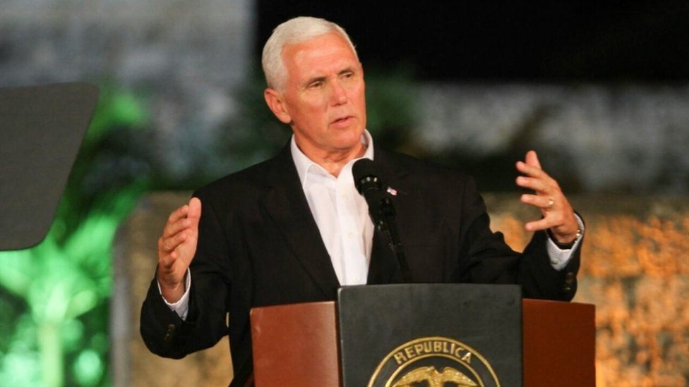 US Vice President Mike Pence speaking in Cartagena, Colombia 13 August 2017