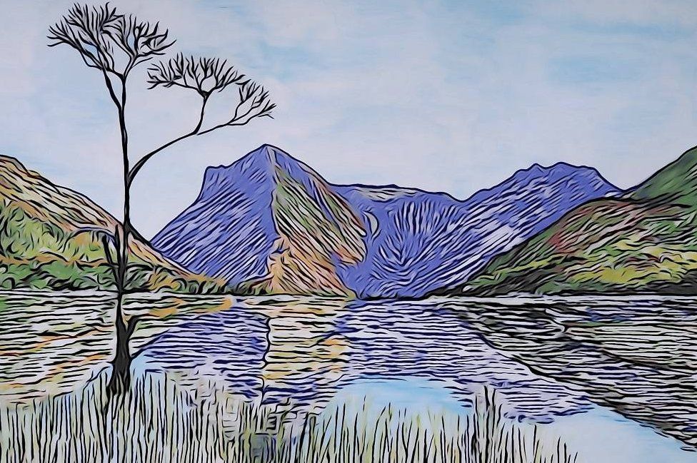 Acrylic painting of Buttermere and mountains reflected