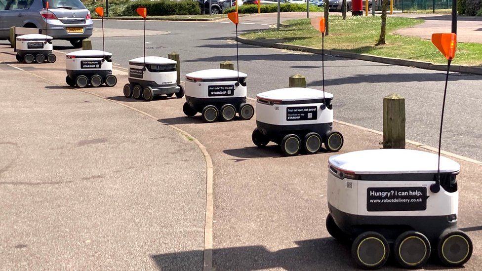 Starship robots waiting outside the Co-op in Milton Keynes