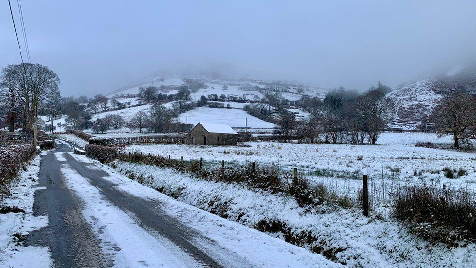 Snow-covered roads and fields at Llanymawddwy, Gwynedd, on Saturday