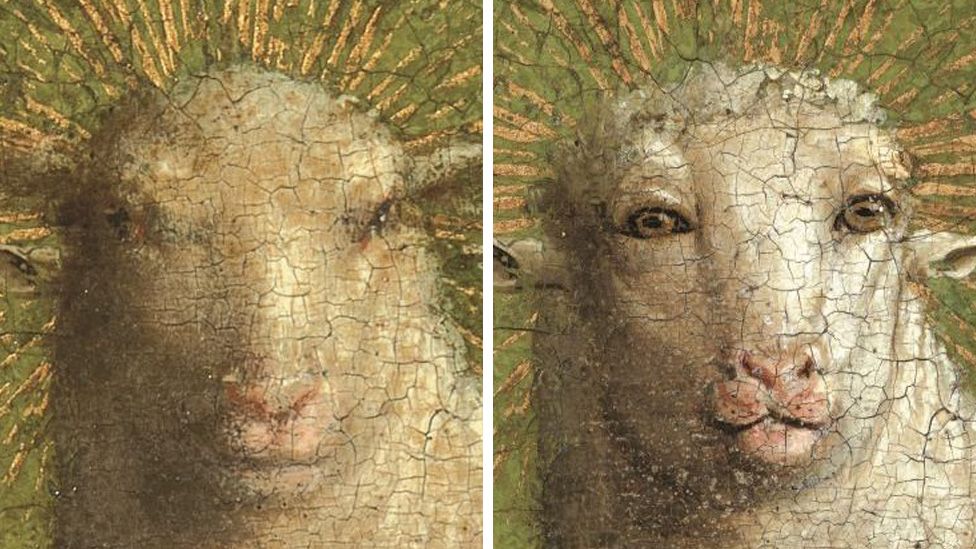 Pictures of the Lamb of God in the Ghent Altarpiece before and after the restoration