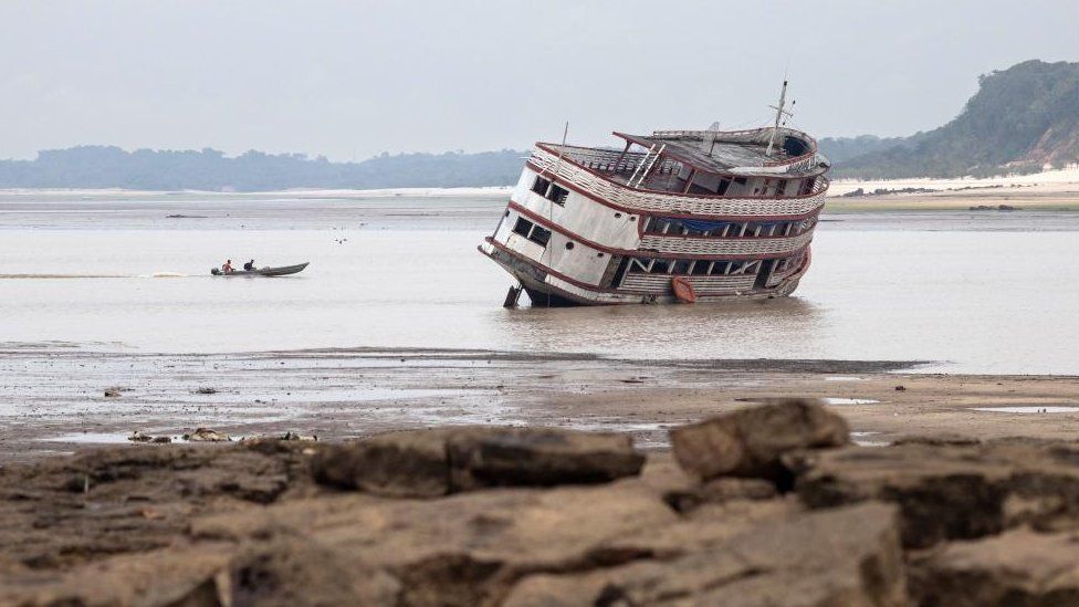 A passenger ship 'Alianca III' is stranded on a sandbank of the Rio Negro in Manaus, Amazonas, Brazil, 16 October 2023.