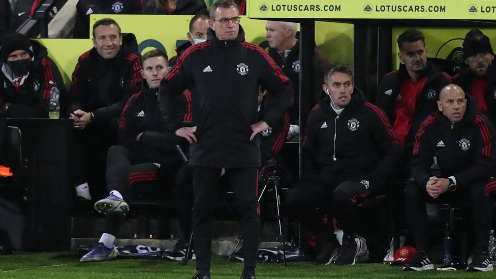 Manchester United manager Ralf Rangnick in front of the team bench