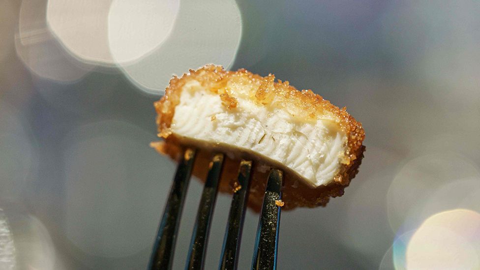 A nugget made from lab-grown chicken meat on a fork