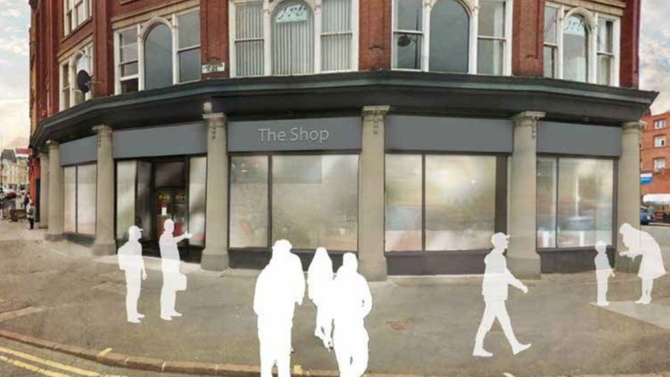 Artist impression of how shops will look beneath new student flats in Chamberlain Building, Corporation Street