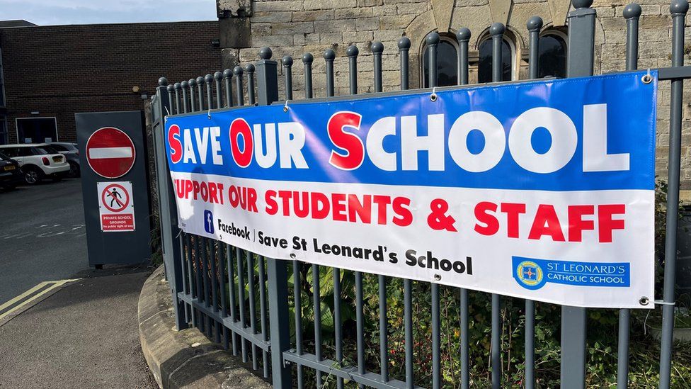 A Save Our School sign put up during a parents' demonstration over Raac outside St Leonard's Catholic School in Durham
