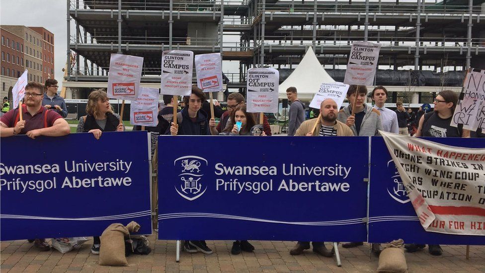 Protestors waiting for Hillary Clinton at Swansea University