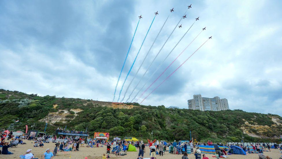 The Red Arrows perform during the Bournemouth Air Festival on September 02, 2021