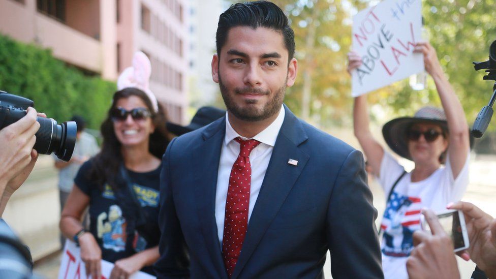 Ammar Campa-Najjar, who is running against Congressman Duncan Hunter, speaks to reporters outside the San Diego Federal Courthouse during Congressman Hunter's arraignment hearing on Thursday, August 23.