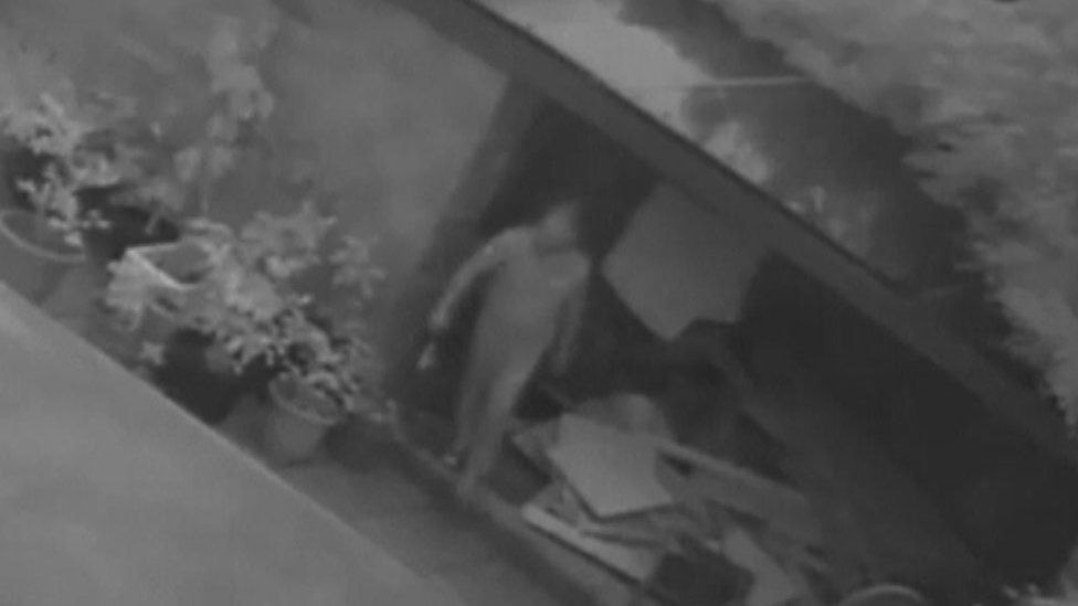 CCTV of man holding an axe in a garden
