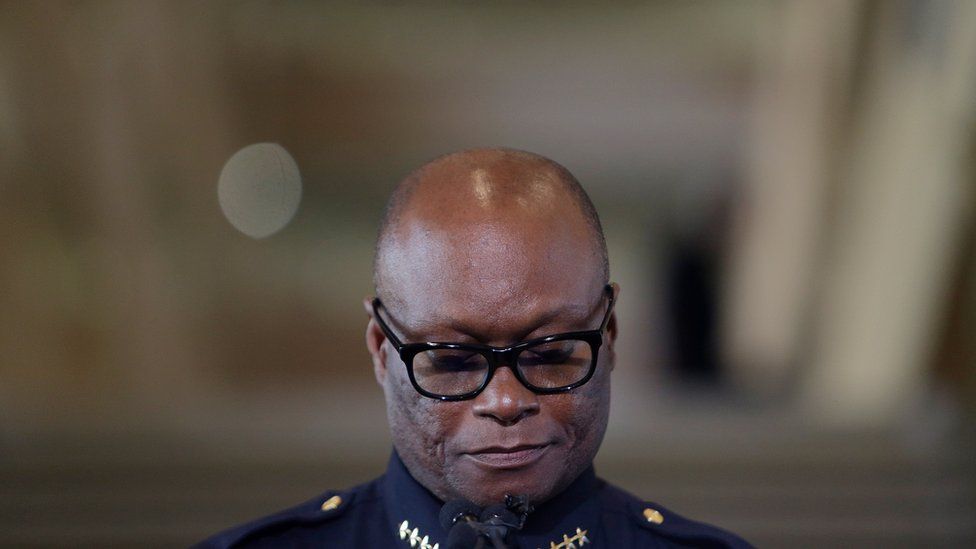 Dallas Police Chief David Brown collects himself while talking about Thursday night"s shooting during a news conference, Friday, July 8, 2016, in Dallas.