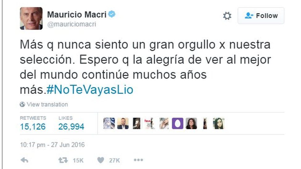 Tweet by Mauricio Macri reading "More than ever I feel a great pride for our national team. I hope that the joy of seeing the world's best will continue for many more years. #Don'tgoLio