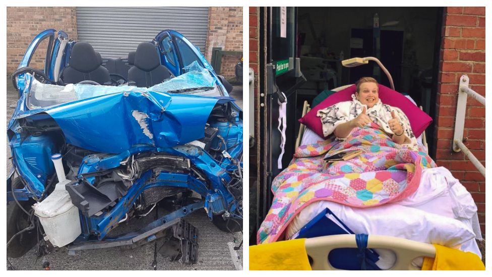 composite of two images... on the left showing a wrecked blue car, and the right Georgie in a hospital bed