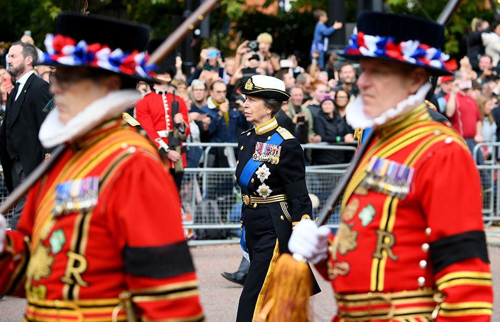 Anne, Princess Royal follows behind The Queen's funeral cortege borne on the State Gun Carriage of the Royal Navy on September 19, 2022 in London