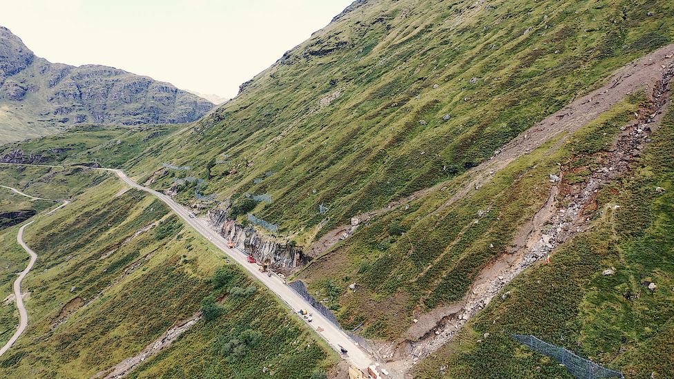 The damaged section of the A83, with the Old Military Road below