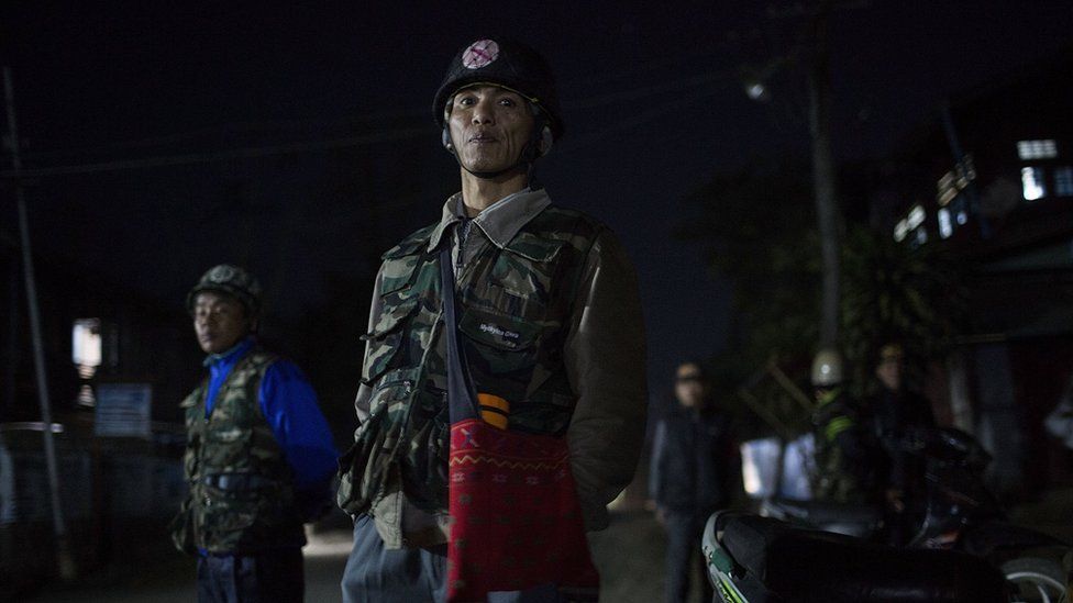 Pat Jasan members rally at a designated point while on patrol on 26 January 2016 in Myitkyina, Kachin state.