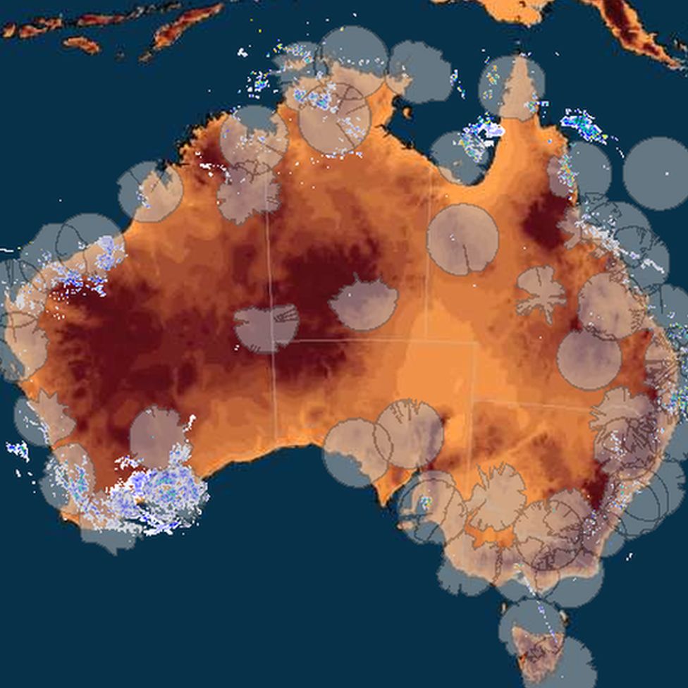 A radar image of Australia supplied by the Australian Bureau of Meteorology