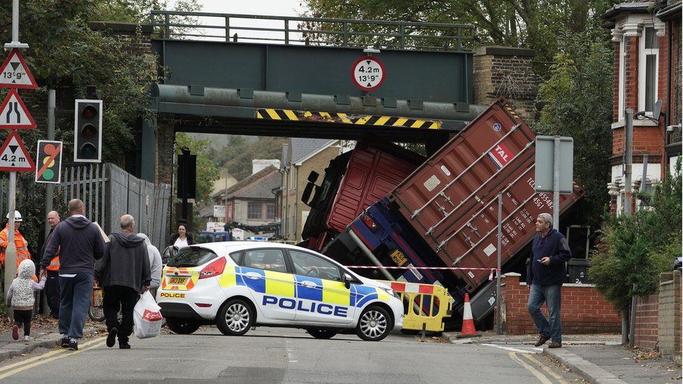 The articulated lorry which hit a bridge in Coombe Valley Road, Dover on Tuesday
