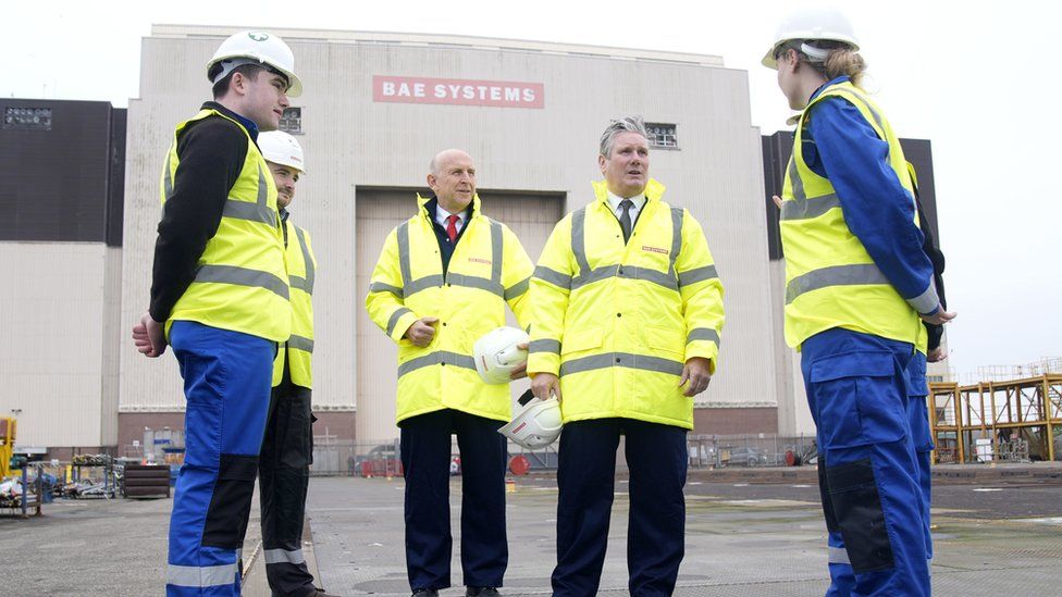 Sir Keir Starmer and Labour's shadow defence secretary John Healey meet workers at BAE Systems in Barrow-in-Furness, Cumbria