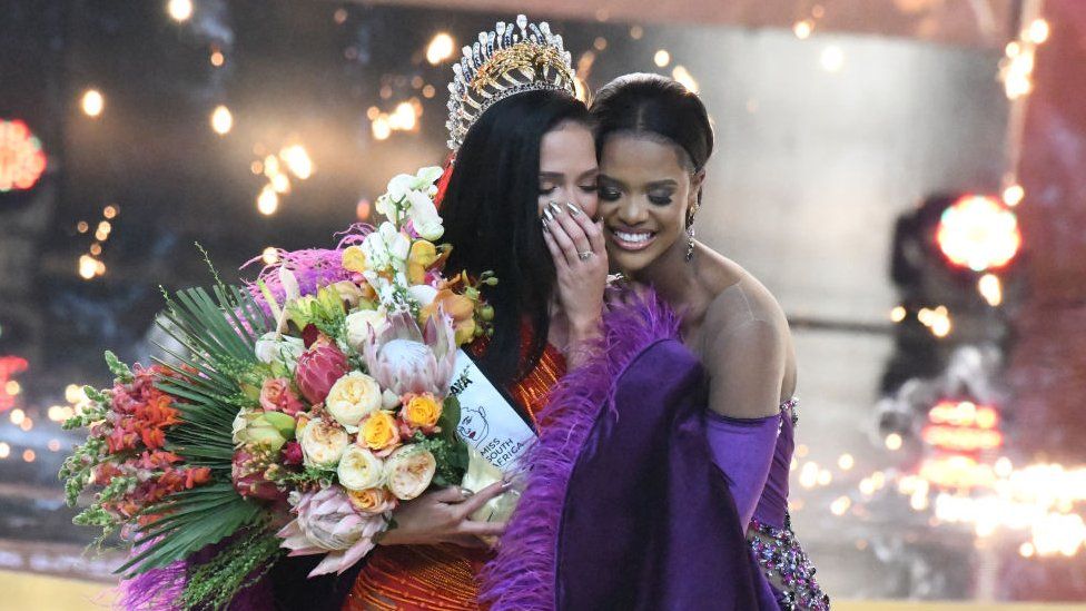 Natasha Joubert (L) and Ndavi Nokeri (R) at the 2023 Miss South Africa Final at SunBet Arena in Pretoria, South Africa - Sunday 13 August 2023