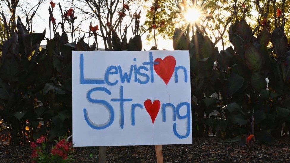 A sign was posted in Lewiston, Maine, the site of the deadliest mass shooting so far in 2023