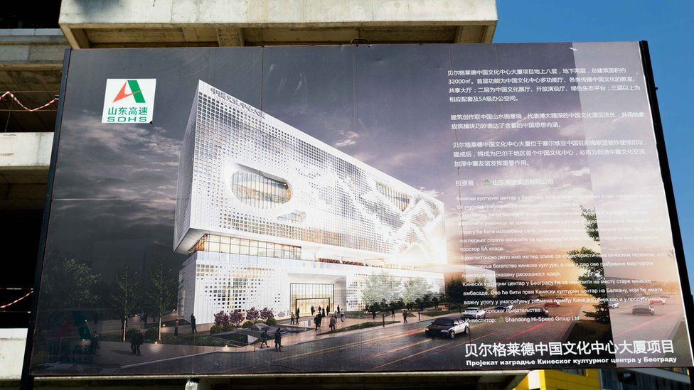 A billboard shows a picture of the Chinese cultural centre that is being built in Belgrade