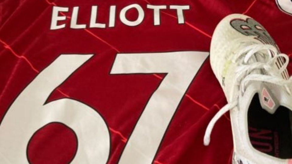 Shirt and boot of Liverpool midfielder Harvey Elliott