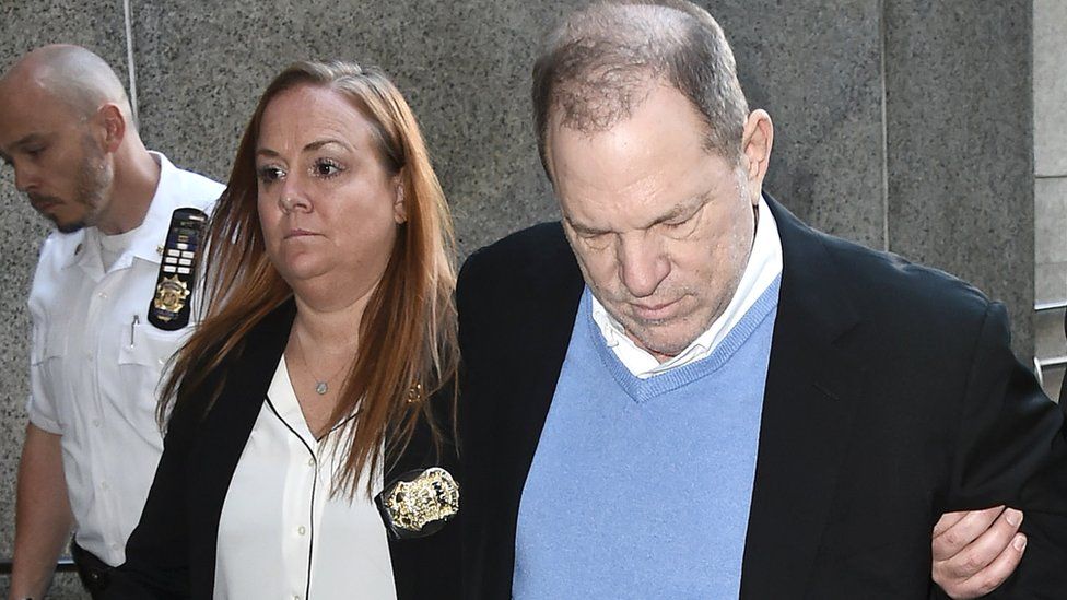 Harvey Weinstein arrives for arraignment at Manhattan Criminal Courthouse in handcuffs after being arrested and processed on charges of rape, 25 May 2018